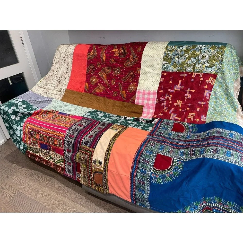 VTG Handmade Patchwork quilt bedspread thin hippy animal full 85 X 71